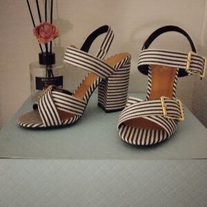 Qupid Black and White Striped Heels